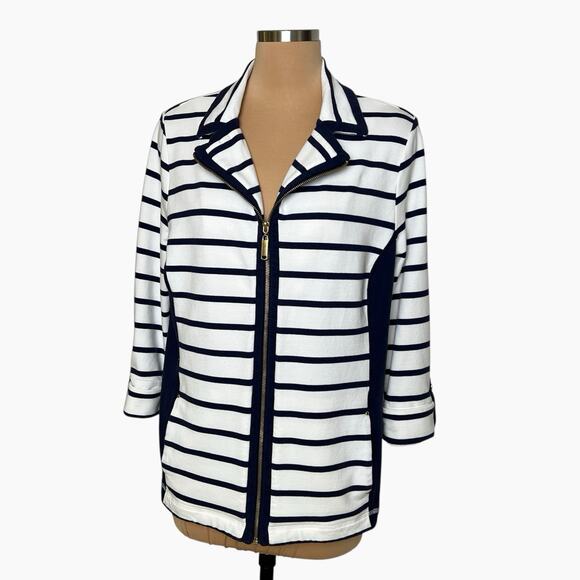 JM Collection Jacket Womens Medium Navy Blue White Stripe Full Zip Nautical - Picture 4 of 9